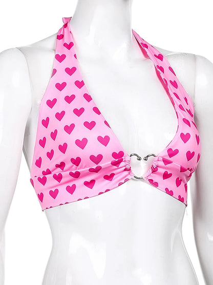 Dozw Pink Heart Bustier Crop Top For Women Backless Lace Up