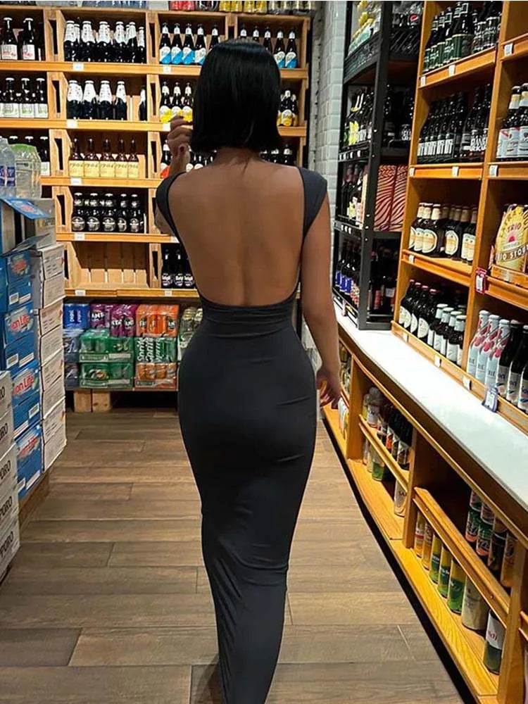 Solid Backless Maxi Dress for Women Elegant Bodycon Style