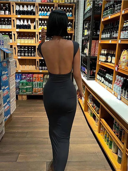 Solid Backless Maxi Dress for Women Elegant Bodycon Style