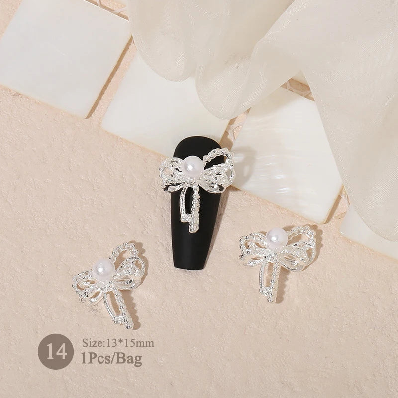 Elegant Gold Silver Metal Bowknot Nail Charm 3D Rhinestone Decor for DIY Manicure Art