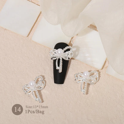 Elegant Gold Silver Metal Bowknot Nail Charm 3D Rhinestone Decor for DIY Manicure Art