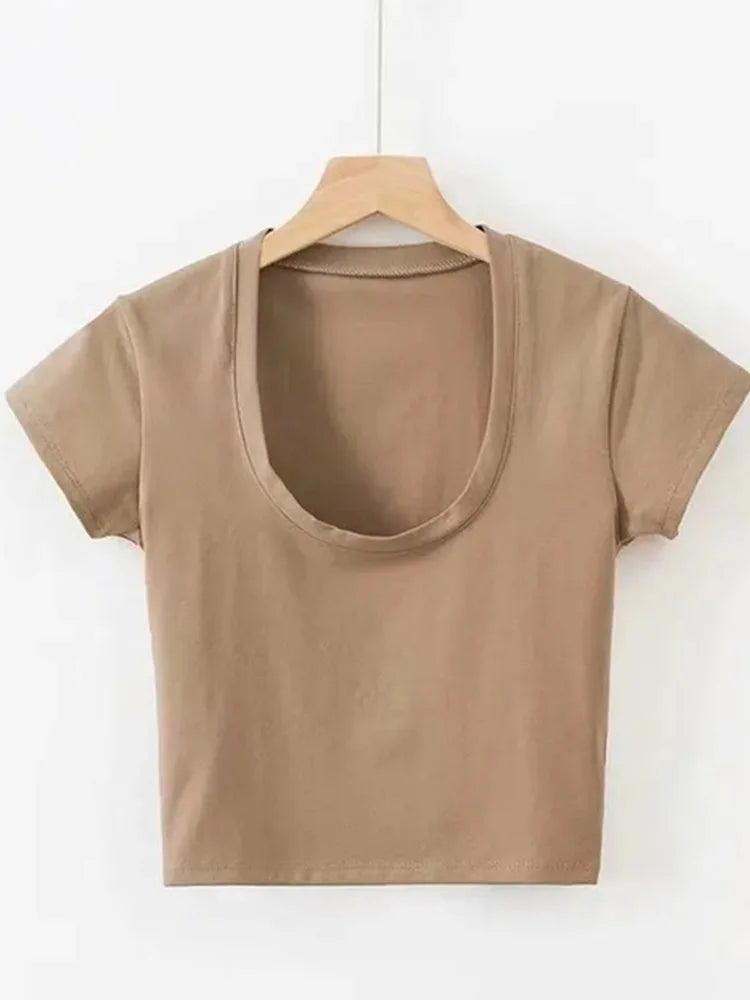 U Neck Crop Top High Waist Slim Solid Color Tee Street