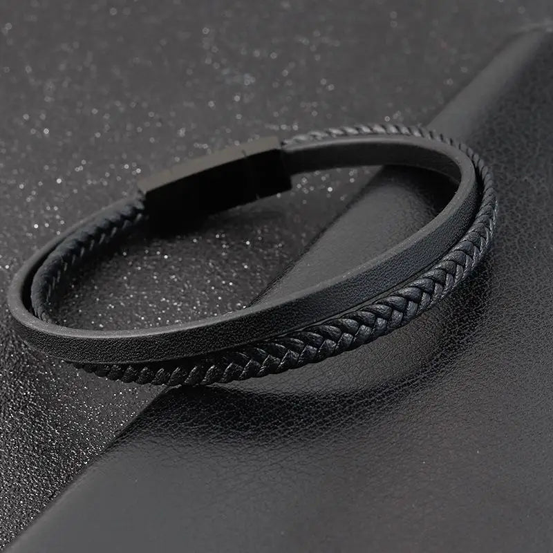 Luxury Men's Leather Bracelet Hand-Woven Multilayer Vintage Bangle with Stainless Steel Clasp