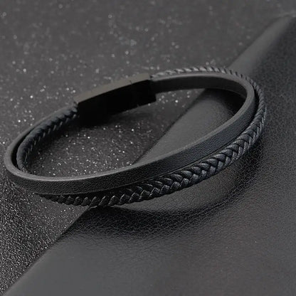 Luxury Men's Leather Bracelet Hand-Woven Multilayer Vintage Bangle with Stainless Steel Clasp