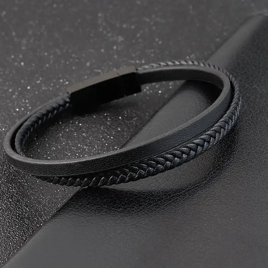Luxury Men's Leather Bracelet Hand-Woven Multilayer Vintage Bangle with Stainless Steel Clasp
