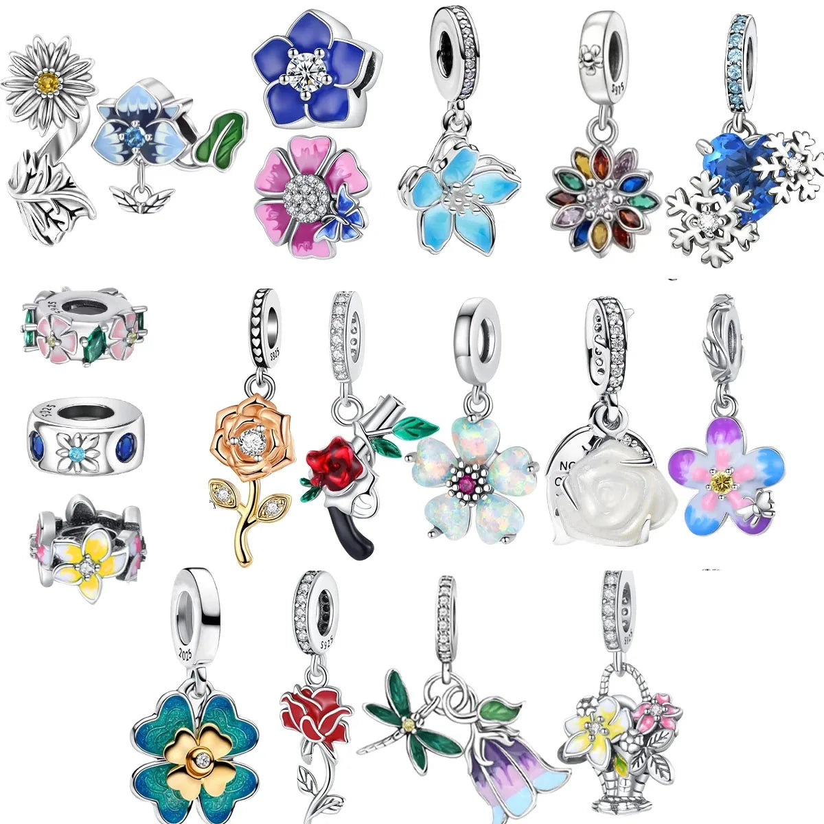925 Sterling Silver Rose Sakura Flower Dangle Charm with Zircon for DIY Jewelry and Bracelets
