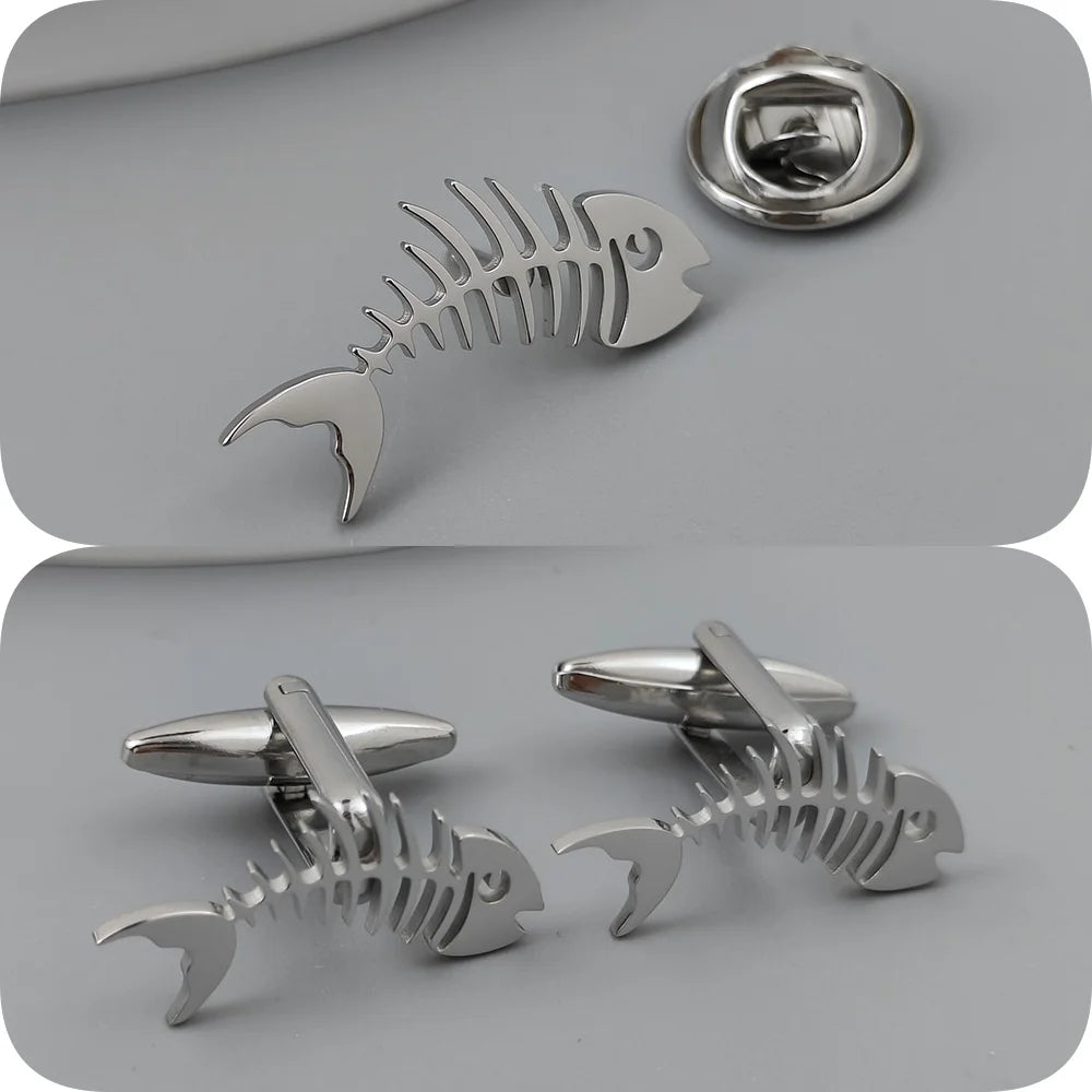 Gold-Plated Fish Bone Brooch Set for Men - Stylish Lapel Pin and Collar Accessory