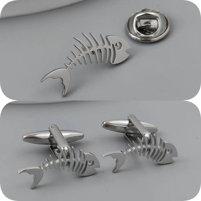 Gold-Plated Fish Bone Brooch Set for Men - Stylish Lapel Pin and Collar Accessory