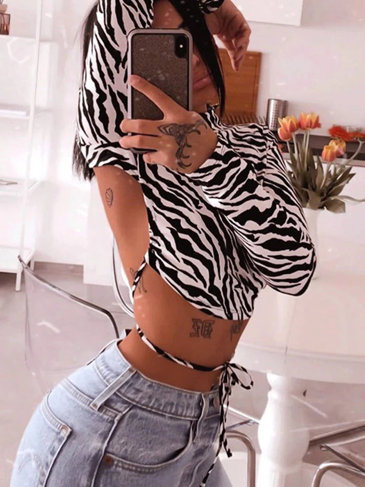 Dozw Zebra Print Backless Cropped Top For Women Long Sleeve