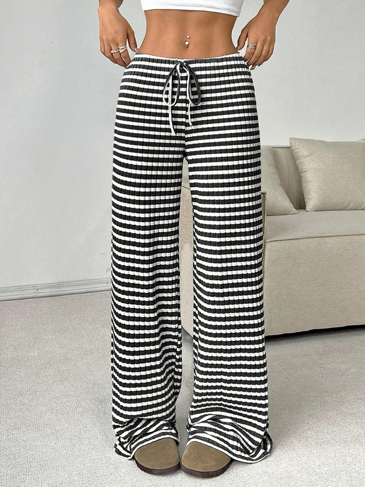 Y2K Striped Printed Long Pants Women Lace Up Straight Leg