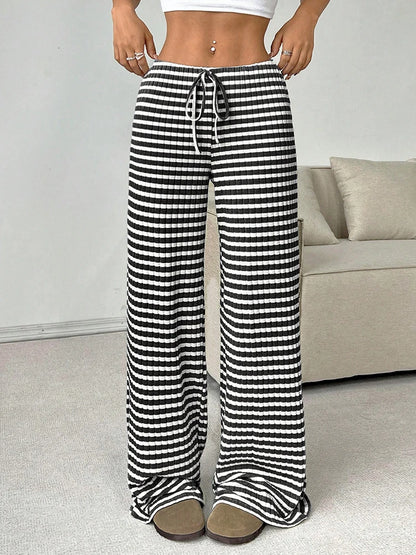 Y2K Striped Printed Long Pants Women Lace Up Straight Leg