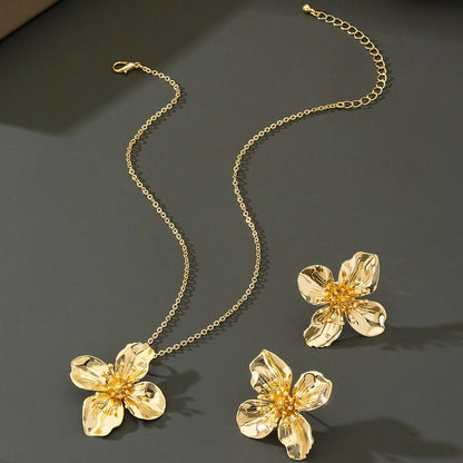 Trendy Blue Enamel Floral Petal Necklace And Earring Set