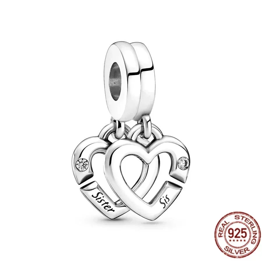 Original 925 Sterling Silver Linked Sister Hearts Openable Heart Locket Dangle Charm Beads for Necklace and Bracelet Jewelry
