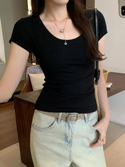2025 Womens Slim Cotton O Neck Summer Tee Y2K Basic