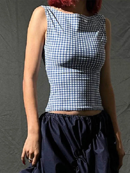 Korean Backless Plaid Croptop Bow Tie Sleeveless Streetwear