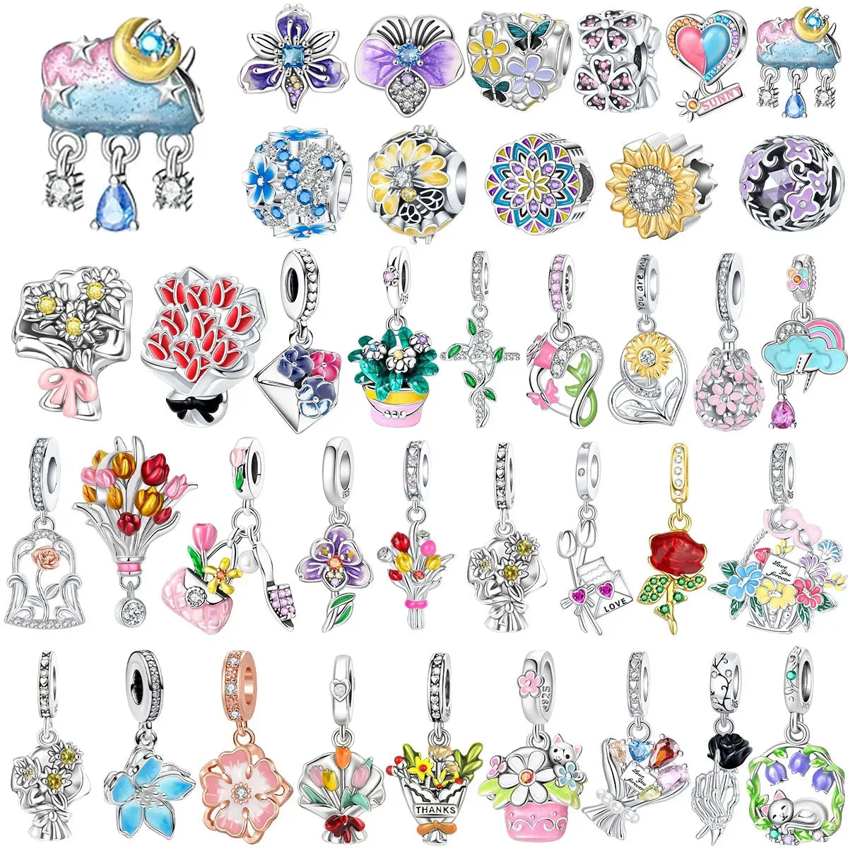 925 Sterling Silver Colorful Flower Charms with Zircon Roses Tulips and Daisies for DIY Necklace and Bracelet Jewelry Gifts