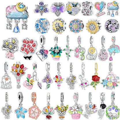 925 Sterling Silver Colorful Flower Charms with Zircon Roses Tulips and Daisies for DIY Necklace and Bracelet Jewelry Gifts