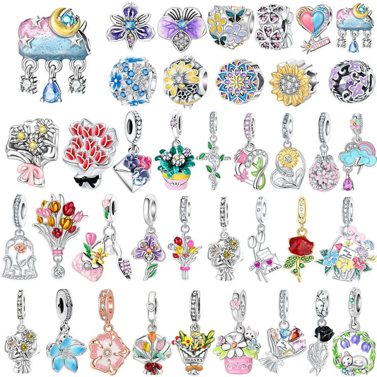 925 Sterling Silver Colorful Flower Charms with Zircon Roses Tulips and Daisies for DIY Necklace and Bracelet Jewelry Gifts