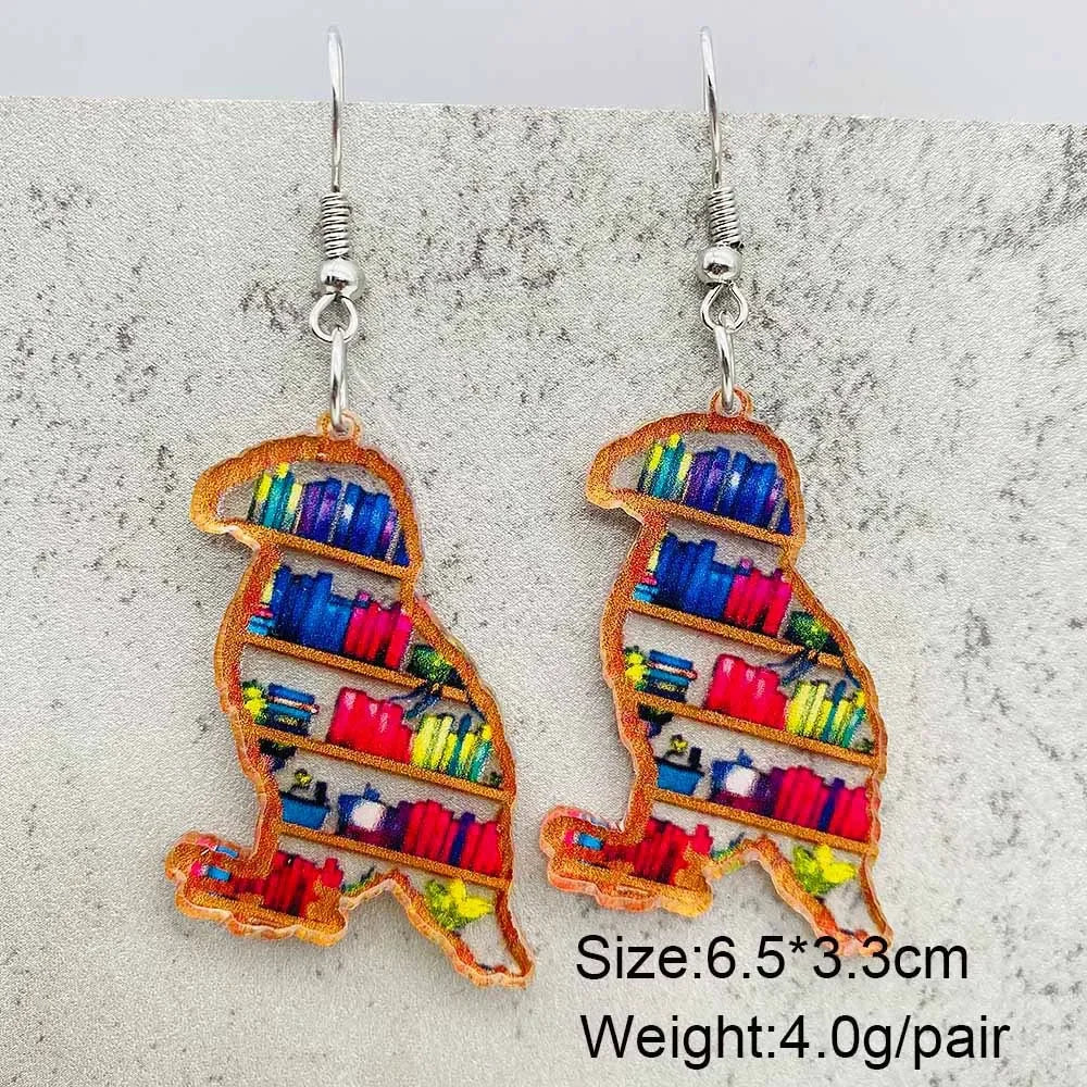 Cat Bookcase Dangle Earrings for Women Geometric Acrylic Rabbit Love Jewelry Gift for Teachers and Readers