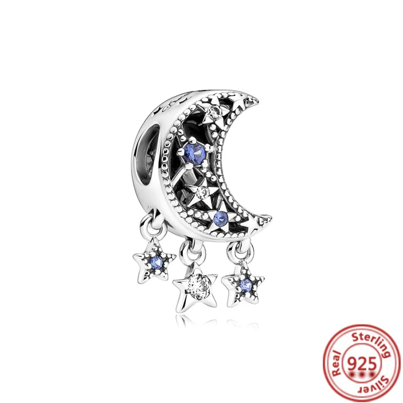 925 Sterling Silver Blue Zircon Feather Crown Stars Moon Charm Beads for Bracelet N149 3mm-4mm