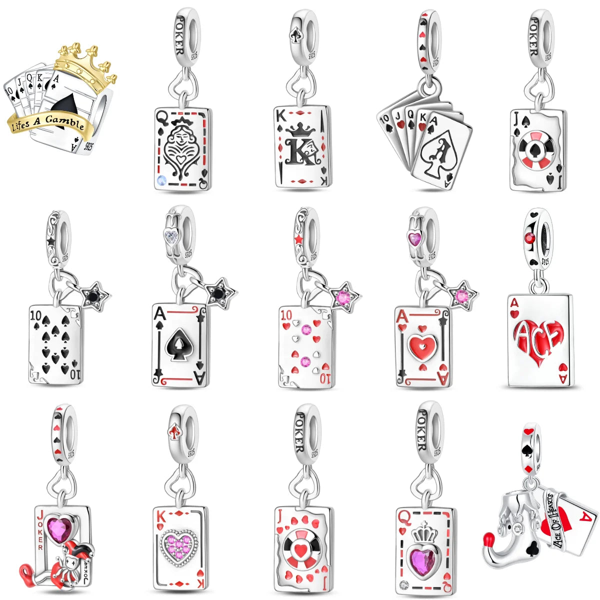 Original 925 Sterling Silver Playing Card Charms Pendant Poker Joker Hearts Spades Crown Bead Jewelry for Bracelets and Necklaces