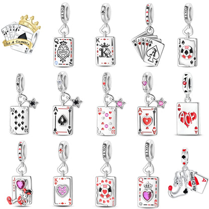 Original 925 Sterling Silver Playing Card Charms Pendant Poker Joker Hearts Spades Crown Bead Jewelry for Bracelets and Necklaces