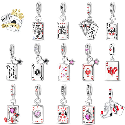 Original 925 Sterling Silver Playing Card Charms Pendant Poker Joker Hearts Spades Crown Bead Jewelry for Bracelets and Necklaces