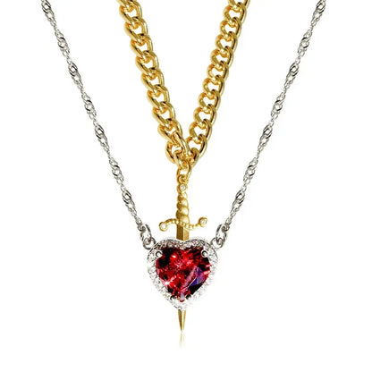 Assembled Heart and Sword Zircon Pendant Necklace Set for Couples Silver Gold Plated Choker Jewelry Gifts