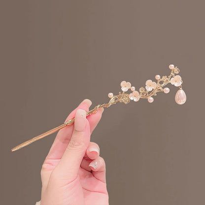 Elegant Gold Red Floral Pearl Long Tassel Hairpins Bridal Chinese Wedding Headpiece