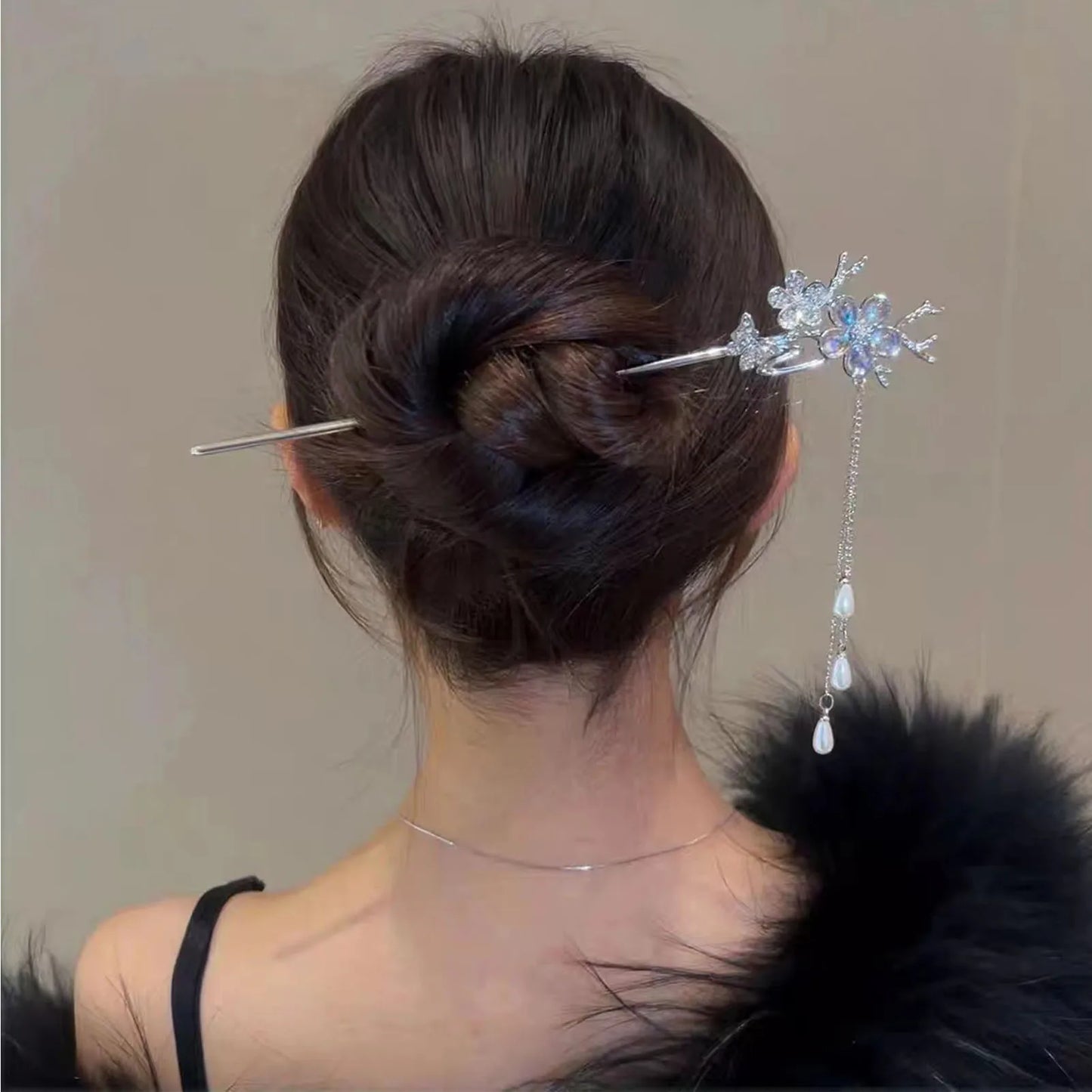 Elegant Gold Red Floral Pearl Long Tassel Hairpins Bridal Chinese Wedding Headpiece