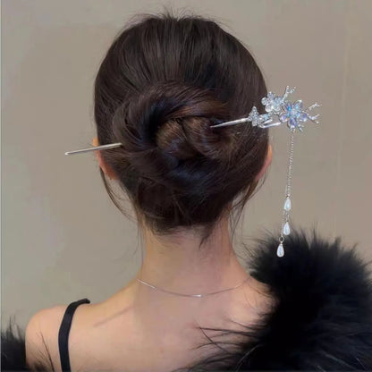 Elegant Gold Red Floral Pearl Long Tassel Hairpins Bridal Chinese Wedding Headpiece