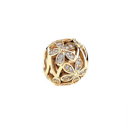 Gold Plated Pink Daisy And Clear Heart Charm Bead 925