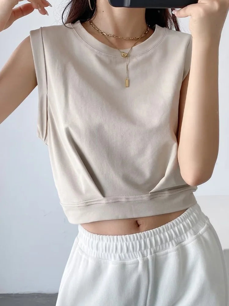 Dozw Women Solid Color Crop Tank Top O Neck Cotton Blend