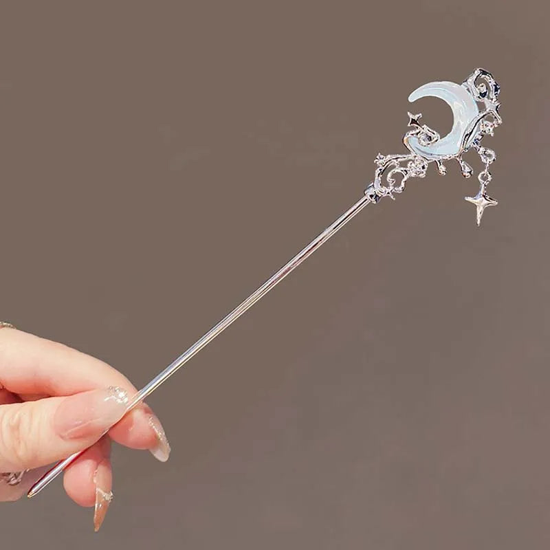 Elegant Black Crystal Moon Tassel Hair Stick For Women Retro Floral Hanfu Hairpin