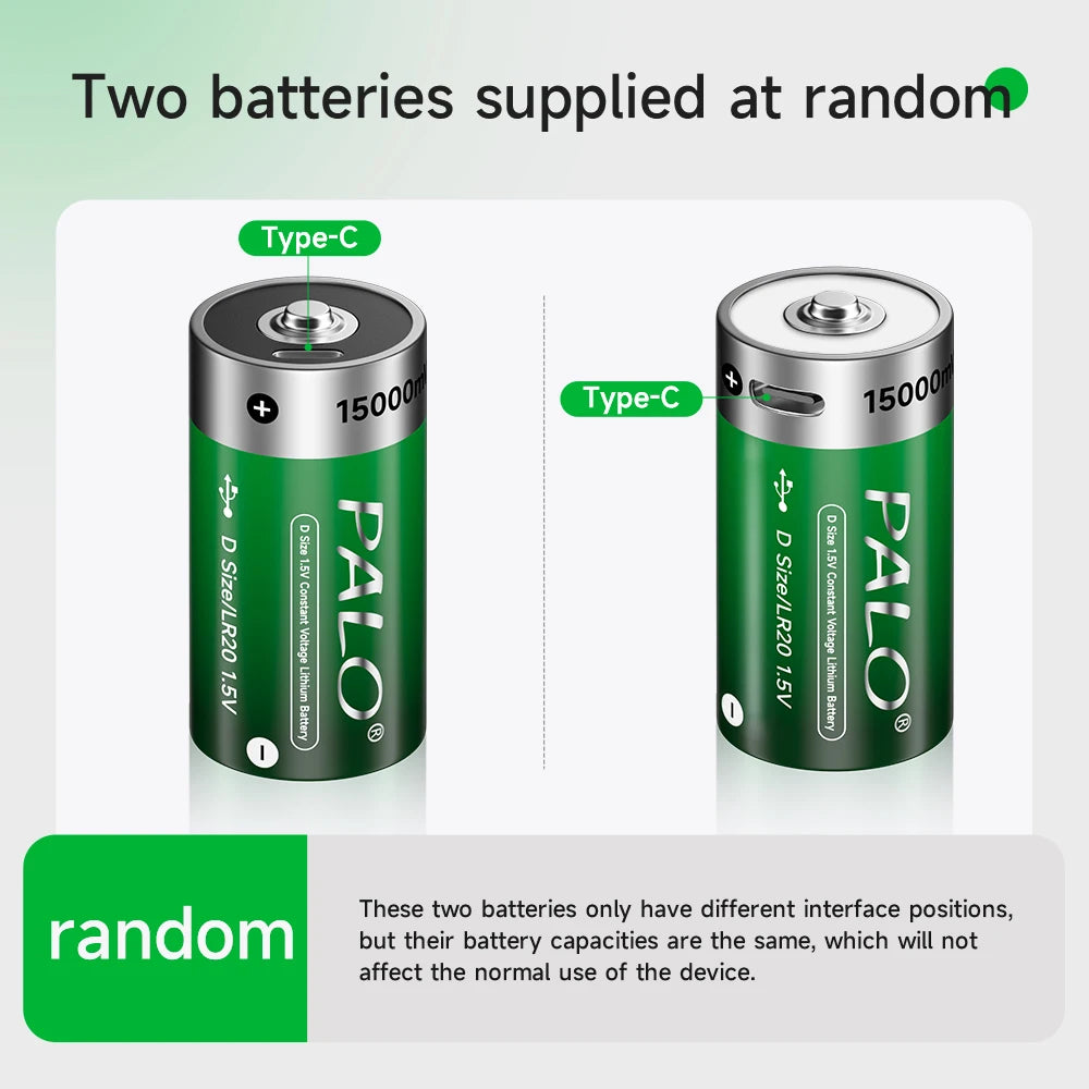 1.5V USB LR20 Battery Rechargeable R20 15000mWh D Size Type Batteries with Type-C Cable