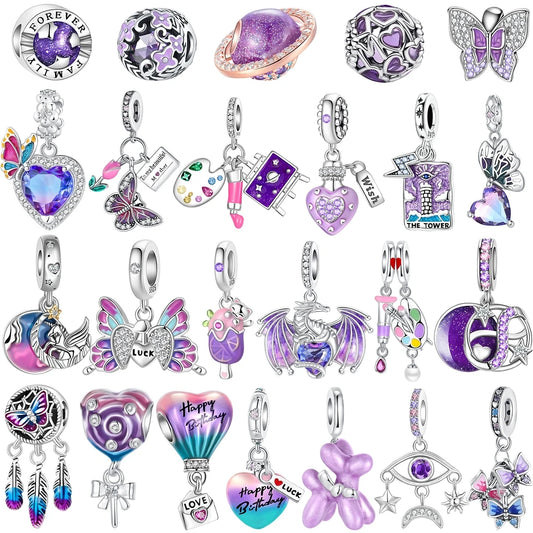 Sparkling Purple Jellyfish Sterling Silver 925 Charm Bead Birthday Pendant for DIY Bracelet Jewelry
