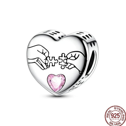 925 Sterling Silver Mom Heart Puzzle Charm Bead Luminous