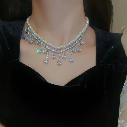 Crystal Water Drop Pendant Necklace for Women with Pearl Collarbone Chain