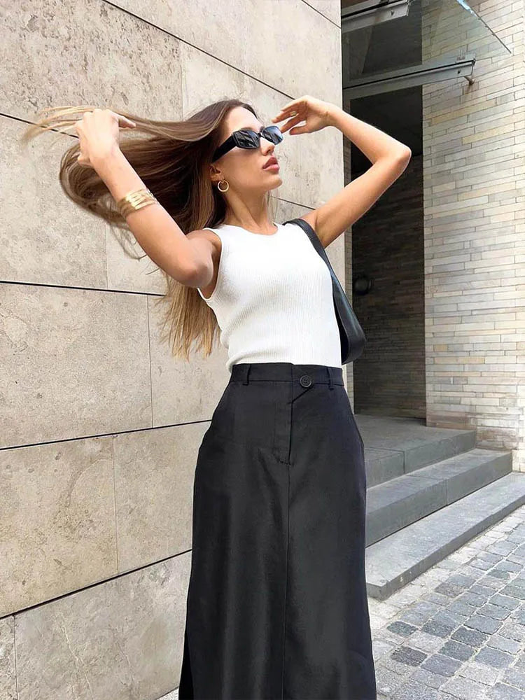 Black Loose Ankle Length A Line Skirt With Pocket Zip Women