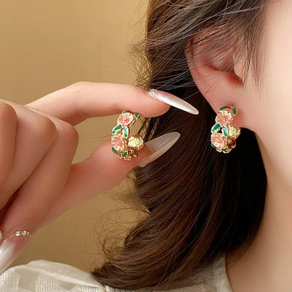 Rose Branch C-Shaped Drop Earrings for Women Romantic French Glaze Jewelry
