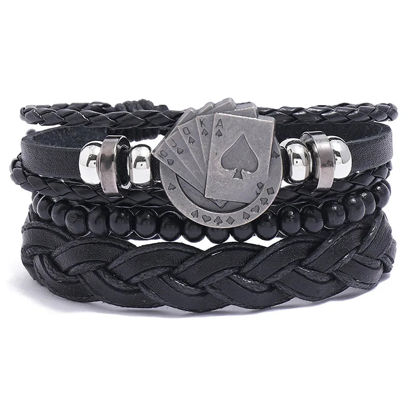 ZORCVENS Men's Handmade Braided Leather Bracelet Set - Vintage Black Punk Fashion Gift