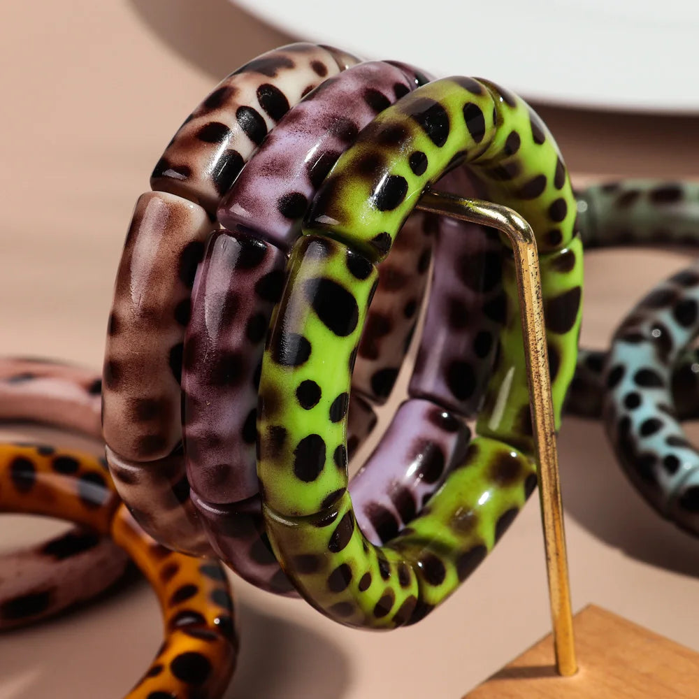 Vintage Leopard Print Acrylic Bamboo Stretch Bracelet for Women Fashion Jewelry 2025