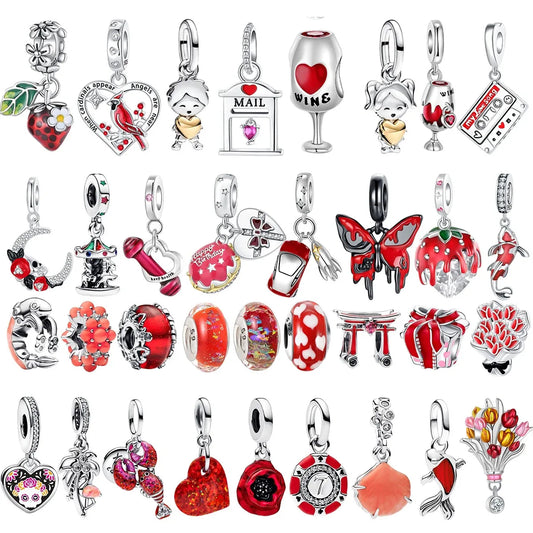 Original 925 Sterling Silver Red Charm Beads Set Heart Cherry Strawberry Flower Fish Zircon Accents for DIY Necklace and Bracelet Jewelry Gift