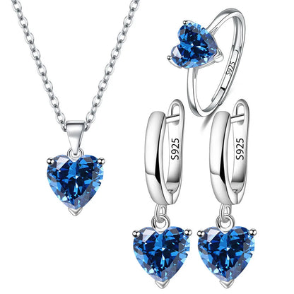 Elegant 925 Sterling Silver Heart Zircon Jewelry Set for Women - Ring, Earrings, Necklace for Bridal and Christmas Occasions