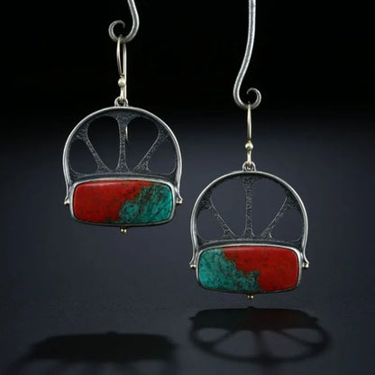 Asymmetric Bronze Red Blue Stone Drop Earrings for Women - Ethnic Statement Jewelry Gift