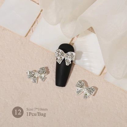 Elegant Gold Silver Metal Bowknot Nail Charm 3D Rhinestone Decor for DIY Manicure Art