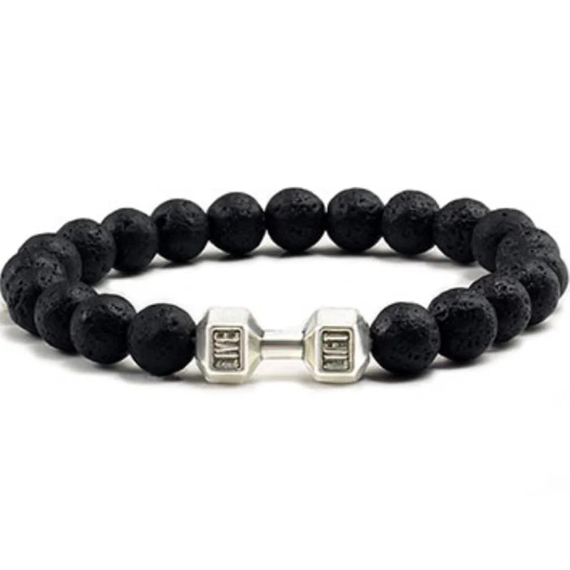 Vintage Men's Natural Stone Bead Bracelet With Dumbbell Pendant lava silver