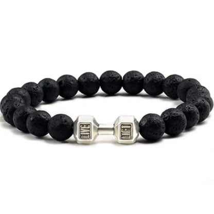 Vintage Men's Natural Stone Bead Bracelet With Dumbbell Pendant lava silver