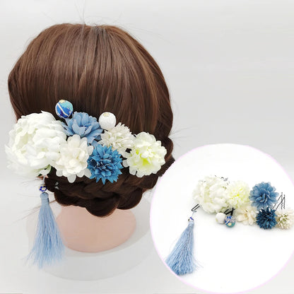 Japanese Handmade Fabric Flower Kimono Hairpin with Tassel for Weddings and Festivals