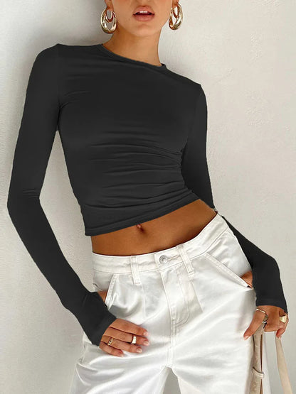 Dozw Women Long Sleeve Crew Neck Crop Top With Thumb Holes
